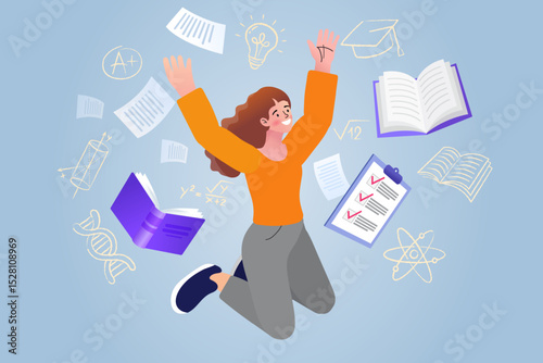 happy woman with education icon around her.