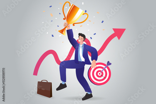 Celebrate a major business achievement with this vector art, showing a successful businessman holding a trophy in front of a target, symbolizing the reward for hitting his goals.