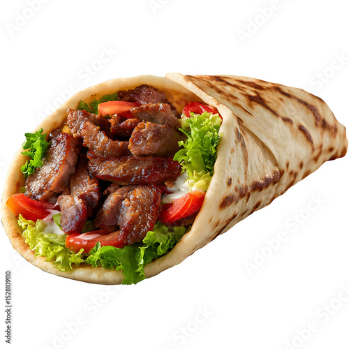 A gyros pita filled with seasoned grilled meat, fresh vegetables, and creamy sauce. photo