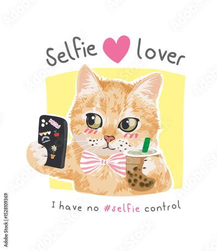cute kitten taking selfie with bubble tea cartoon vector illustration