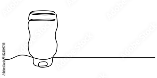 Tomato ketchup bottle vector one line continuous drawing illustration. Hand drawn linear silhouette icon. Minimal design, print, banner, brochure, menu, logo. Fast food, snack, meal.                  