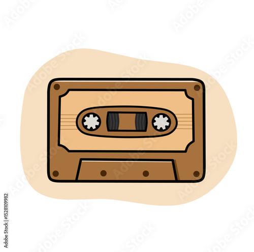 Flat style retro cassette tape illustration on beige shape design, Perfect for music, 80s, 90s, and vintage-themed designs.