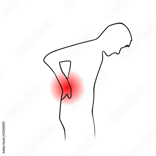 Line art illustration of a person experiencing lower back pain, with red pain highlight. Ideal for medical, health, posture, or anatomy-related designs and education
