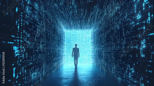 Man Walking Through Digital Data Stream Into Bright Future Light