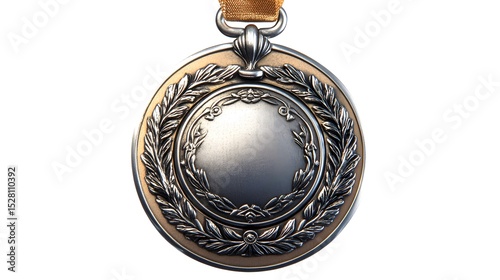 Detailed Silver Medal with Laurel Wreath and Orange Ribbon Pendant