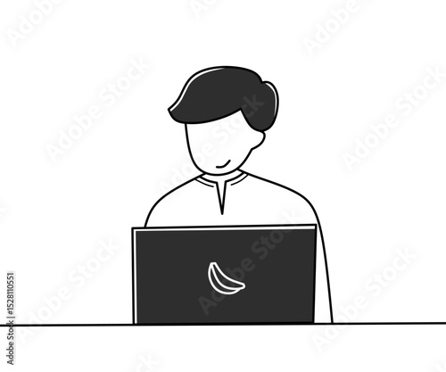 Outline illustration of a man working on a laptop, minimal line art style for productivity or remote work concept