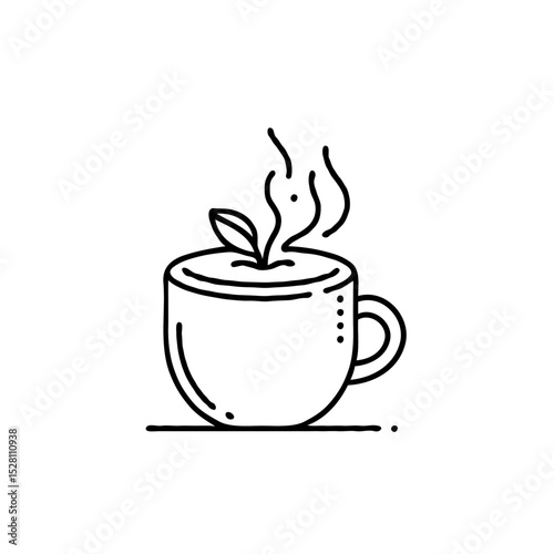 Simple line art of steaming cup with leaf on top  