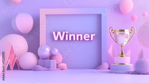 Vibrant Winner Trophy Display with Colorful Background and Shapes