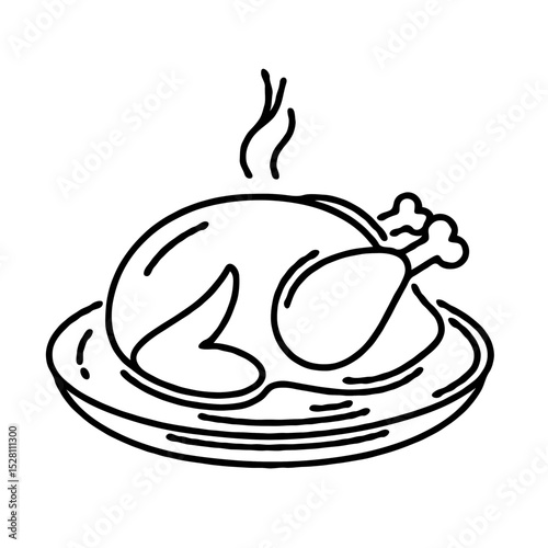 Roast turkey on plate with steam in minimalist line art  