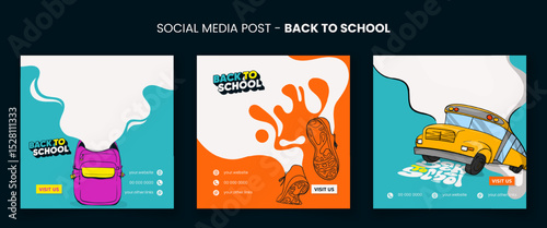Back to school. social media post template with cartoon design and flat smoke in colorful background