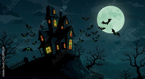 Fototapeta kuchenna A spooky cartoon haunted house on a hill, with glowing windows, bats flying around, and a full moon in the background