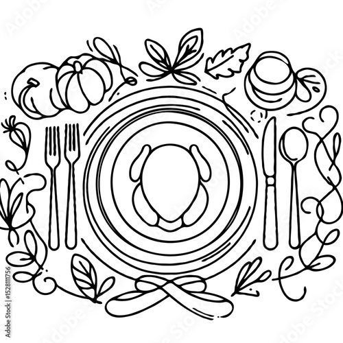Thanksgiving dinner table with turkey on plate in center