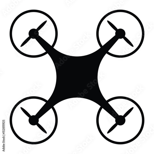 Quadcopter drone vector icon. UAV silhouette for aerial photography, surveillance, delivery, or technology design. Black symbol on white background.