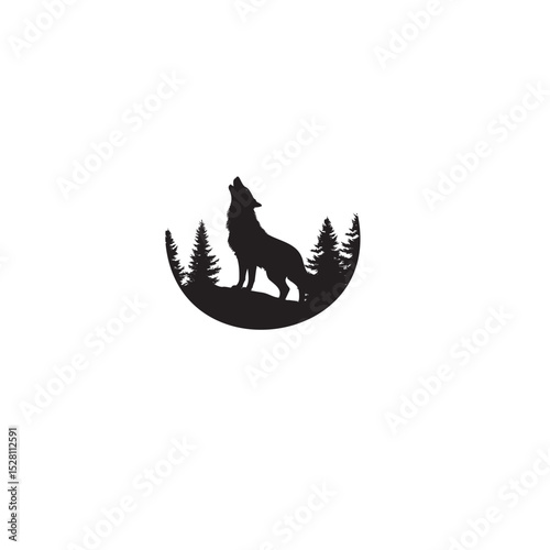 Silhouette of a howling wolf in a forest pine tree circle
