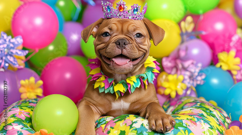 Fototapeta Naklejka Na Ścianę i Meble -  Happy puppy wearing a crown, nestled in colorful balloons and flowers
