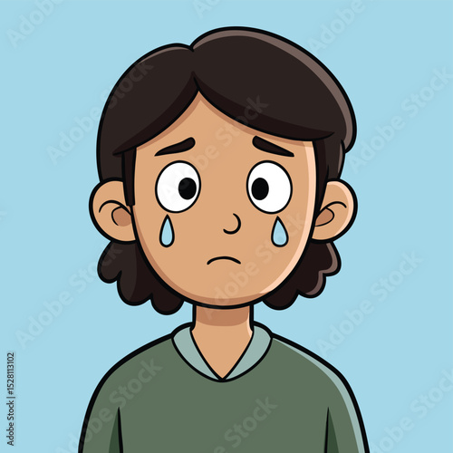 A person with downcast eyes and a single tear tracing, conveying deep sadness or grief.
