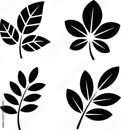 Four different leaf silhouettes arranged on a plain white background view
