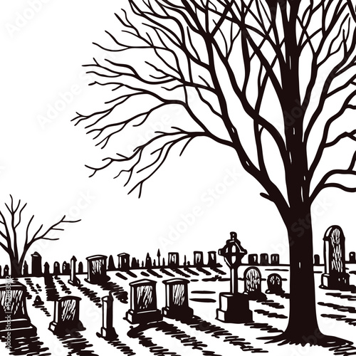 Monochrome Cemetery Scene with Bare Trees and Tombstones Illustration