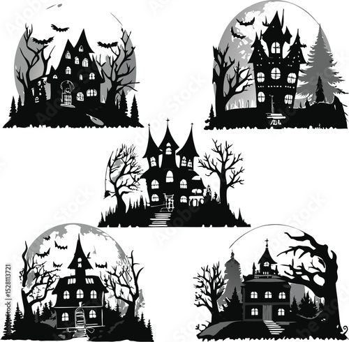 Spooky Haunted House Silhouettes with Bats and Full Moon for Halloween