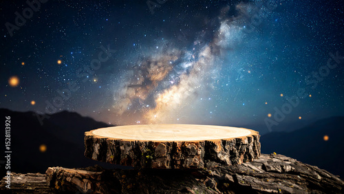 Wooden log platform displayed against the magnificent milky way galaxy at night