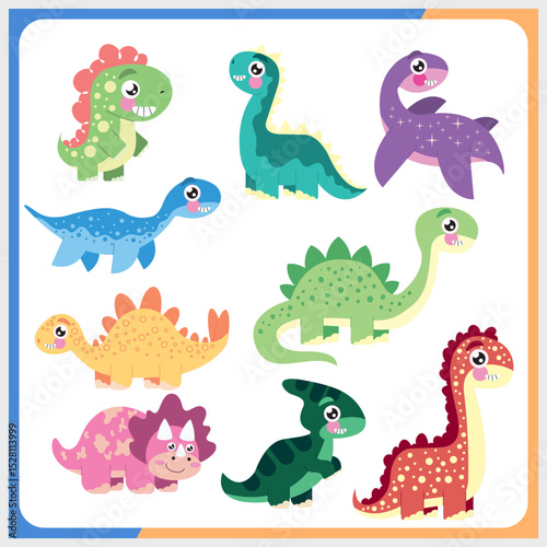 Cute colorful dinosaur set. Ancient world set. Illustrations of bright colors of dinosaurs of different nature. Dinosaur vector graphics. 