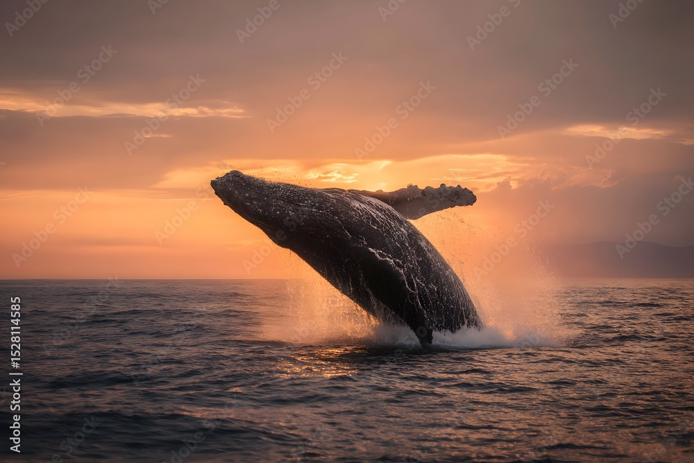 Fototapeta premium Majestic Whale Breaching Above Ocean Surface at Sunset in Serene Seascape