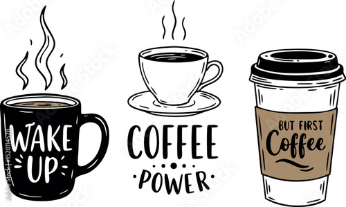 Coffee Themed Vector Art: Mug, Cup, and Takeaway with Lettering