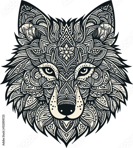 Intricate wolf head design in black  white with ornamental patterns filling its form