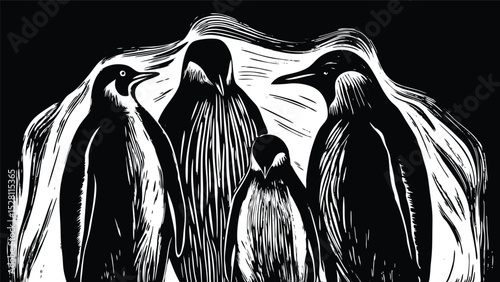 Four Penguins Black and White Linocut Style Artwork