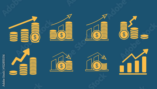 Financial Growth Charts Illustrating Investment Returns and Market Trends with Coins and Upward Arrows