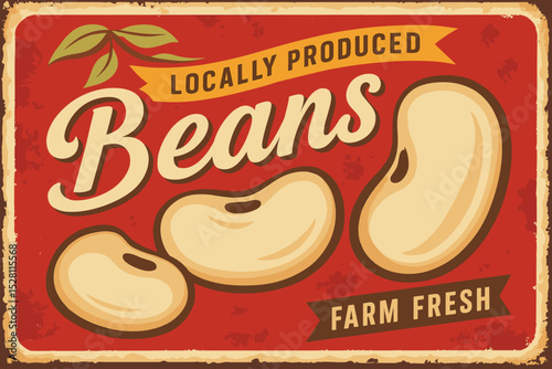 Vintage Organic Beans Farm Sign - Colorful Locally Grown Product Label on Green Background, Rustic Tin Vector Template