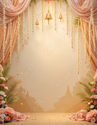South Indian wedding background with soft gold tones, jasmine garlands, temple bell silhouettes, and pastel fabric accents.