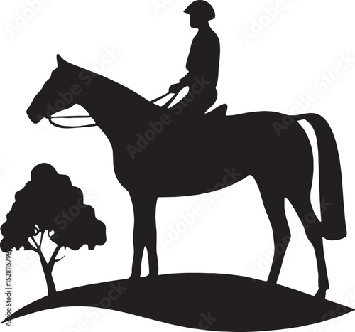 A rider on horseback next to a tree, a classic silhouette for themes of exploration, nature, and equestrian lifestyle.