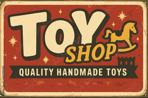 Retro Toy Store Sign - Handcrafted Toys Poster on Red Background, Vintage Vector Advertisement
