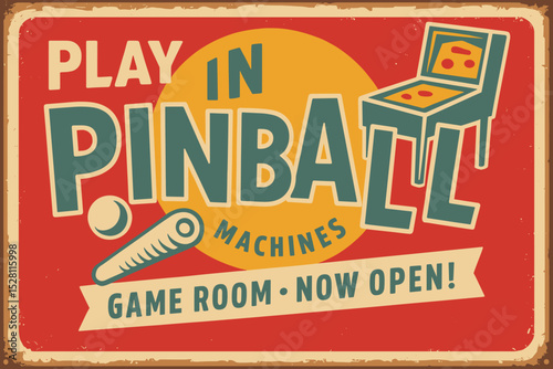 Vintage Pinball Sign - Arcade Game Room Poster with Flippers on Colorful Metal Background, Leisure Vector Art
