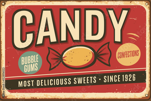 Old-School Candy Shop Poster – Vintage Sweets and Desserts Promo on Rustic Metal Background, Retro Vector Advertising Design
