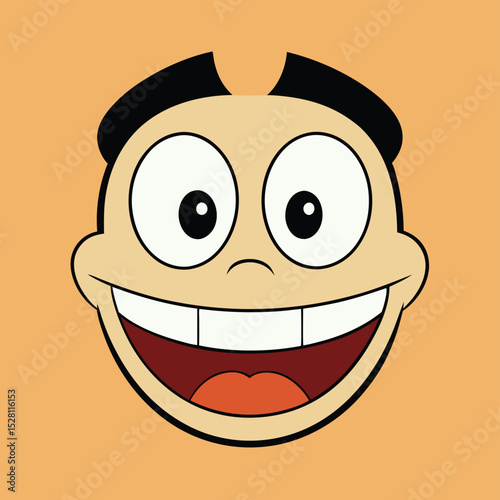 A wide, innocent smile subtly hides a hint of mischief, showing a complex emotion.