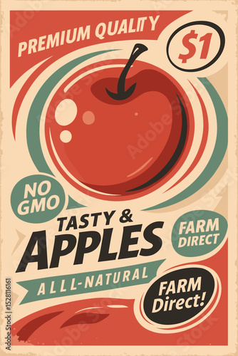 Apple Fruit Banner Template - Fresh Red Apple Illustration for Healthy Food, Juice or Farm Market Sign, Simple Vector Design
