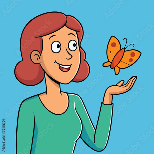 A woman admires a vibrant butterfly resting gently, her gaze filled with awe and appreciation.