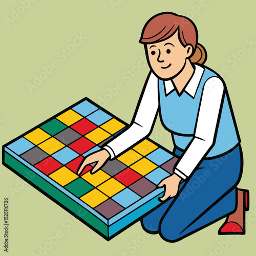 A woman carefully places a single vibrant mosaic tile, showing precision and artistic focus.