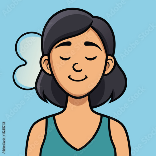 A woman exhaling a sigh of relief, shoulders relaxed, conveying release from stress and a sense of calm.