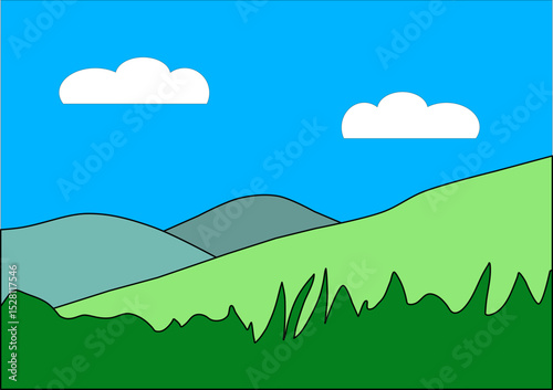 Simple cartoon landscape with mountain, rolling green hills and blue sky, ideal for nature or travel designs.