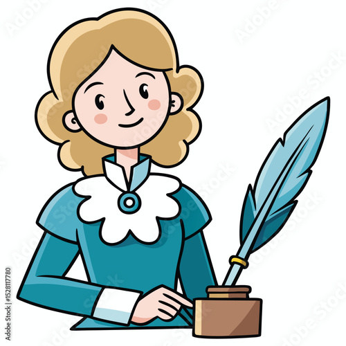 A woman holding a delicate feather pen, as if about to write, symbolizing creativity, art, and traditional writing.