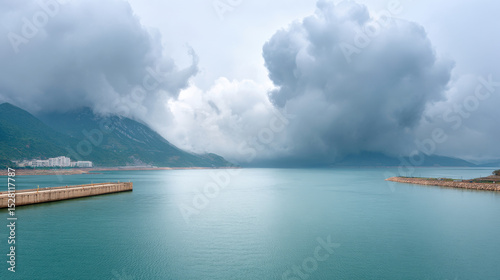 hydroelectric dam in china under dramatic storm clouds featuring geometric patterns