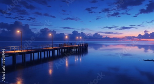 Picturesque pier stretching into calm ocean waters during vibrant sunset