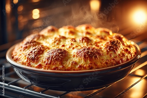 Close-up shot of delicious and freshly baked pie in the oven, warm golden glow, perfect dessert with steam rising, home cooking concept, ready to eat and enjoy.