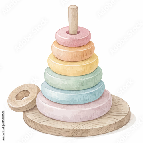 A watercolor illustration of a wooden ring stacker toy in soft pastel colors representing early childhood development with copy space.