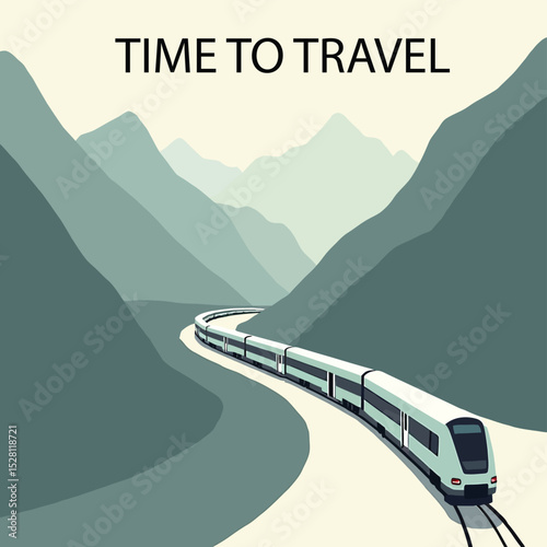 Minimalist train moving through a landscape (mountains/tunnels).