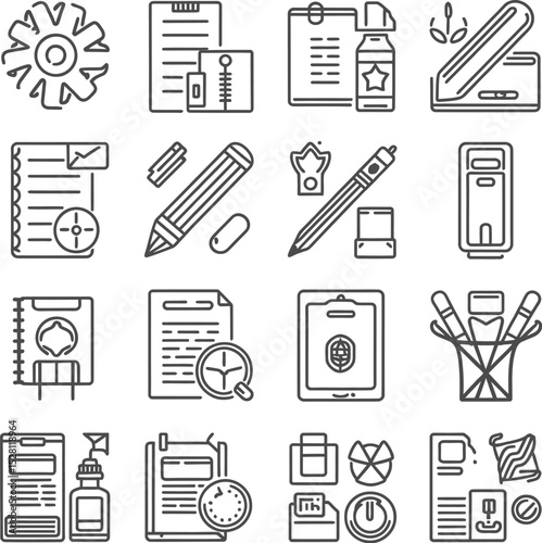 A collection of outline icons depicting office supplies and stationery items