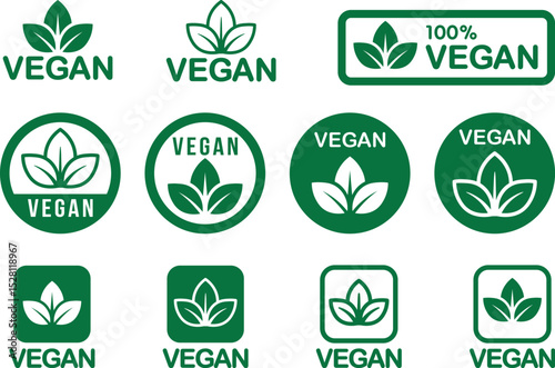 Set of Minimal Vegan Icons and Labels for Organic and Plant-Based Products – Including Vegan Icon Set, Bio, Ecology, Organic Logos, Labels, and Tags with Green Leaf Icons on White Background